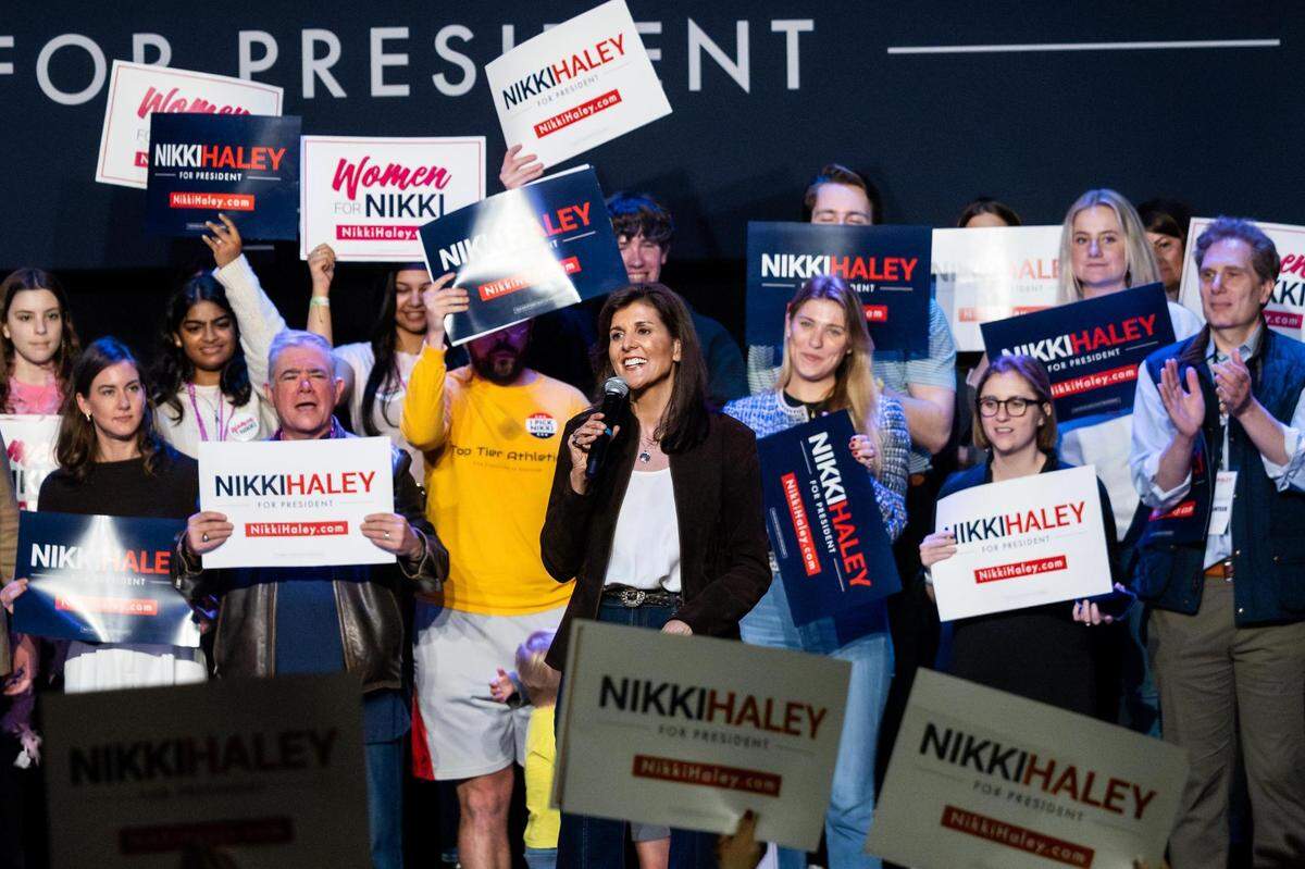 Republican presidential candidate Nikki Haley speaks on stage to the crowd gathered for her presidential campaign rally at the Southside Music Hall in Dallas on Thursday, Feb. 15, 2024.
