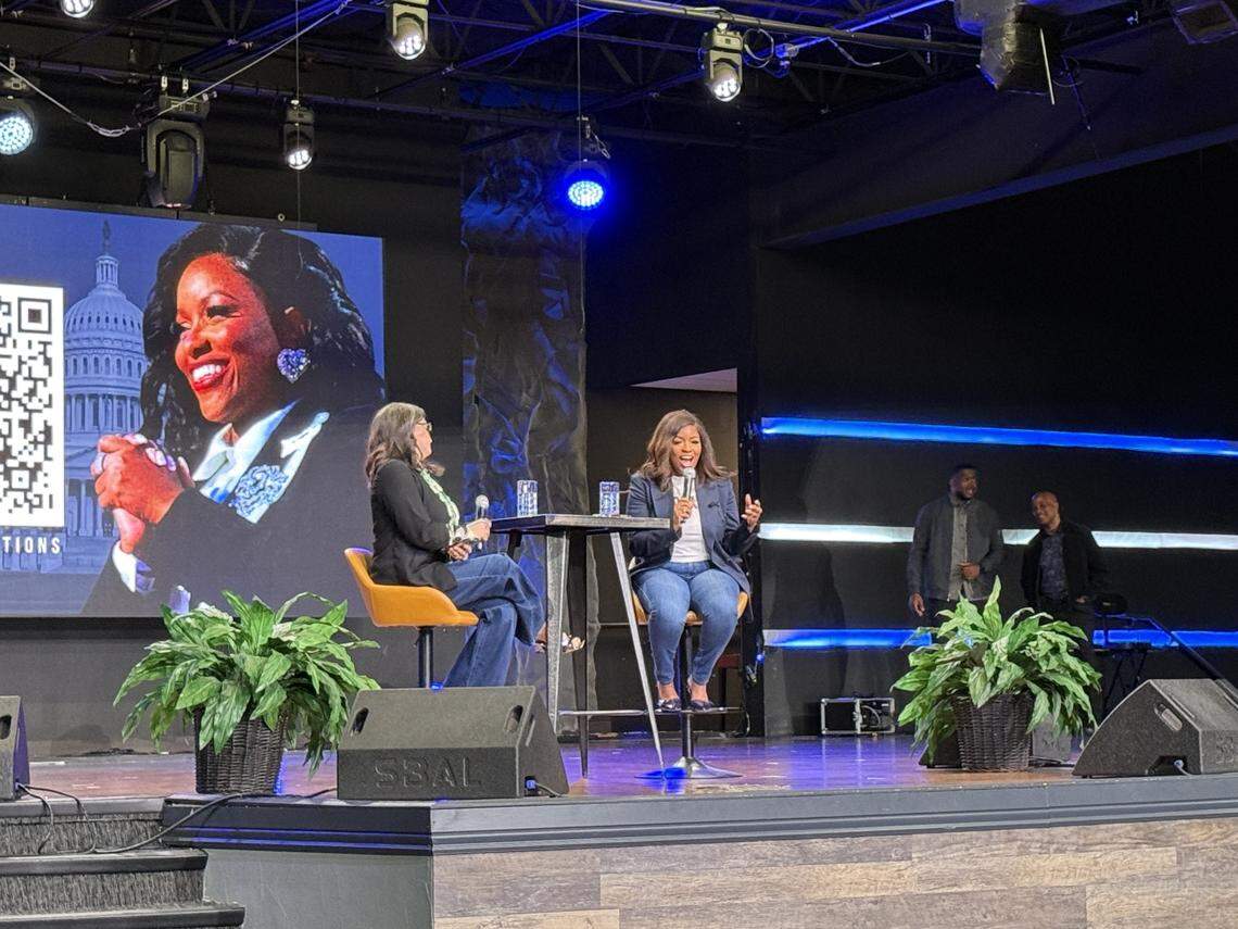 U.S. Rep. Jasmine Crockett speaks at a Feb. 19 Fort Worth campaign event during early voting for the U.S. Senate Democratic primary.