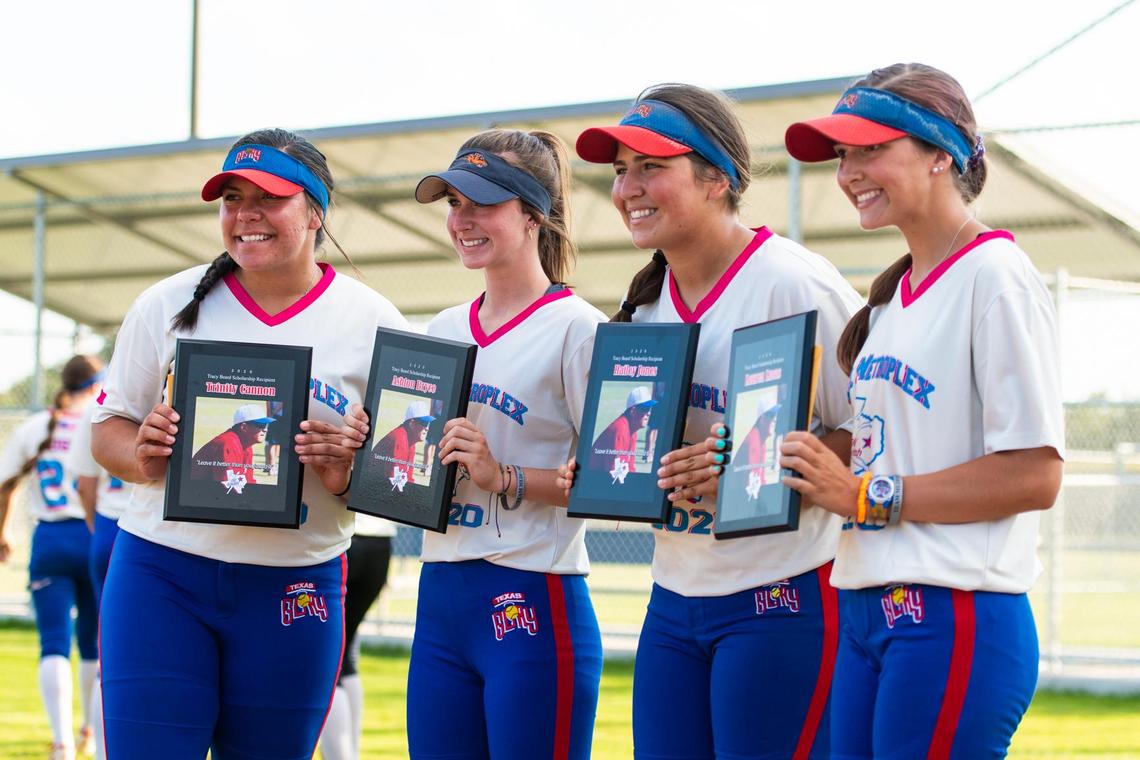 From left to right, Forney’s Trinity Cannon, Frisco Wakeland’s Ashton Bryce, Keller’s Hailey Jones and Little Elm’s Lauren Lucas receive the 2020 Tracy Beard scholarship award June 16, 2020 at Warren Sports Complex in Frisco