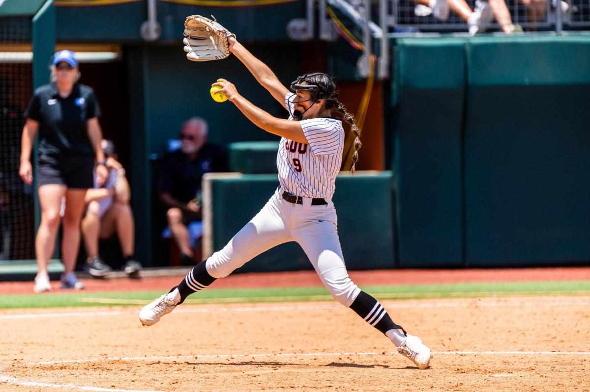 Brenlee Gonzales pitches during the 5A UIL State Softball semifinal between Aledo and Georgetown in Austin Texas, on June 3rd, 2021.