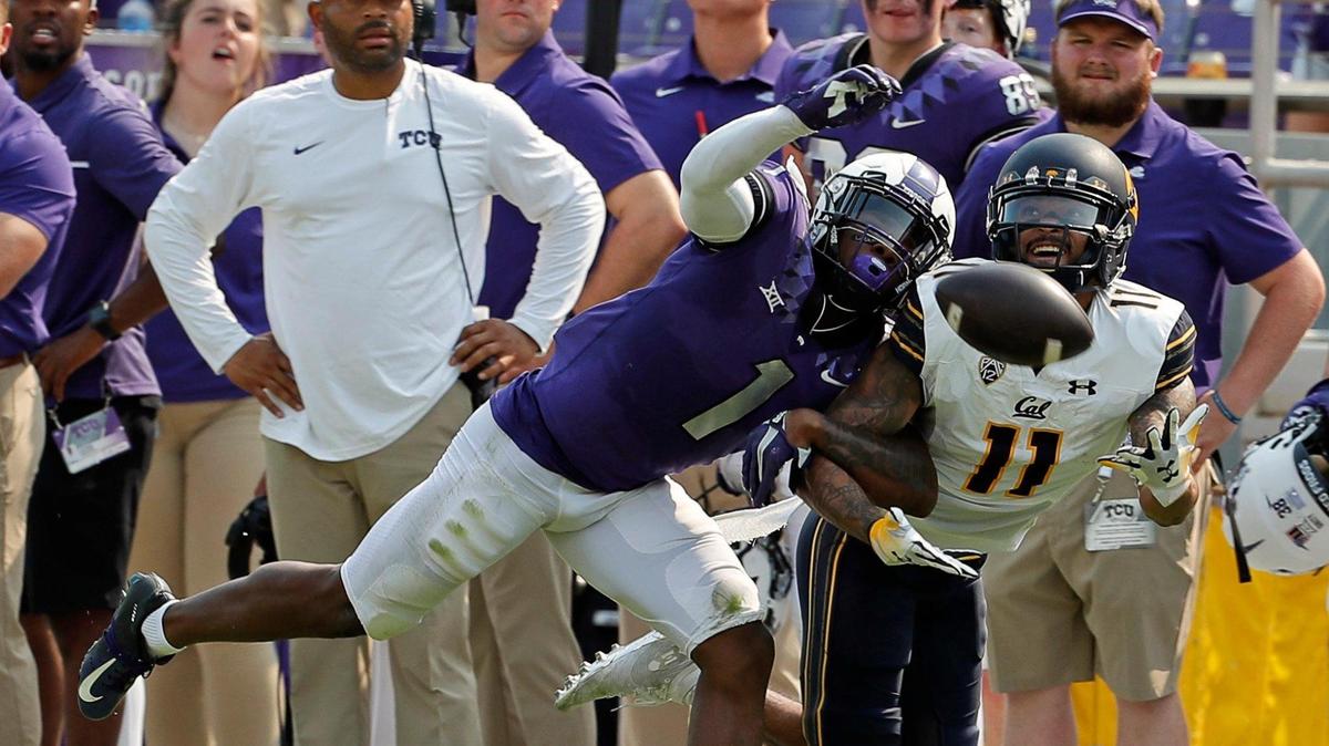 TCU cornerback Tre’Vius Hodges-Tomlinson (1) defends the pass to Cal wide receiver Kekoa Crawford (11) on Sept. 11. Tomlinson is leading the team with 23 tackles through four games, including nine in Saturday’s loss to Texas.