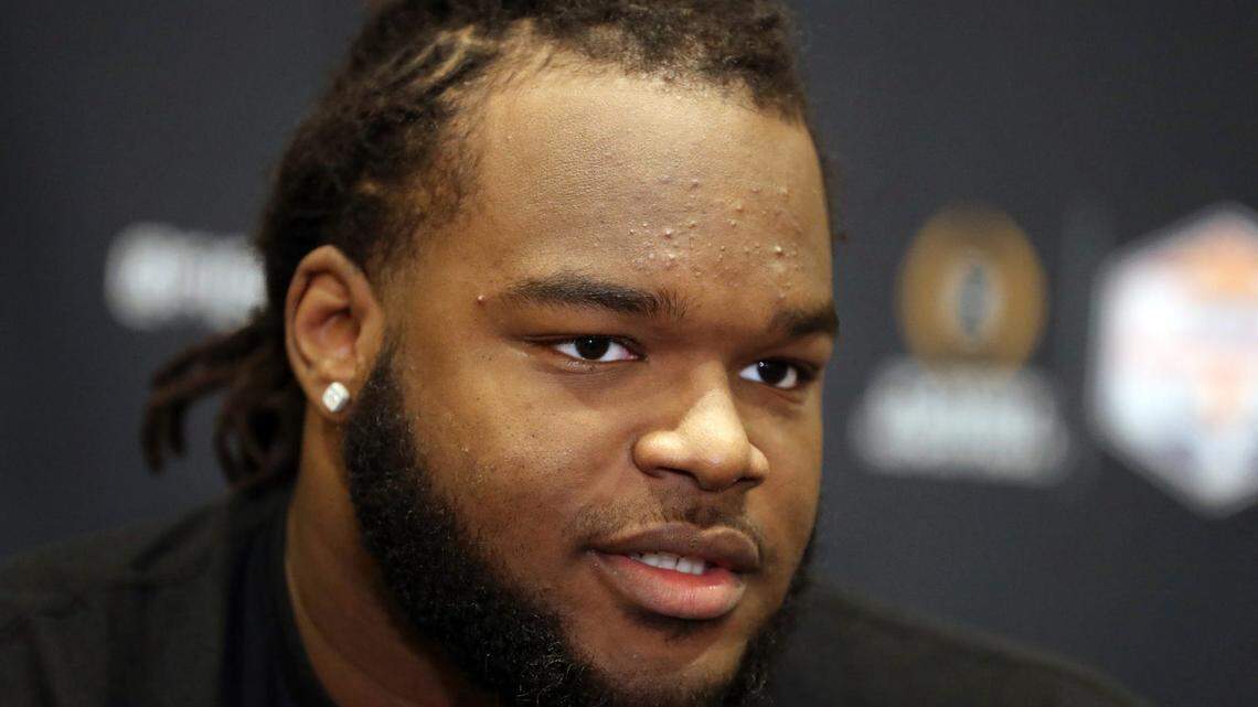 Michigan defensive lineman Mazi Smith talks with reporters about the Fiesta Bowl against TCU on Wednesday, Dec. 28, 2022, in Scottsdale, Arizona. Smith was selected by the Dallas Cowboys in the first round of the 2023 NFL draft.