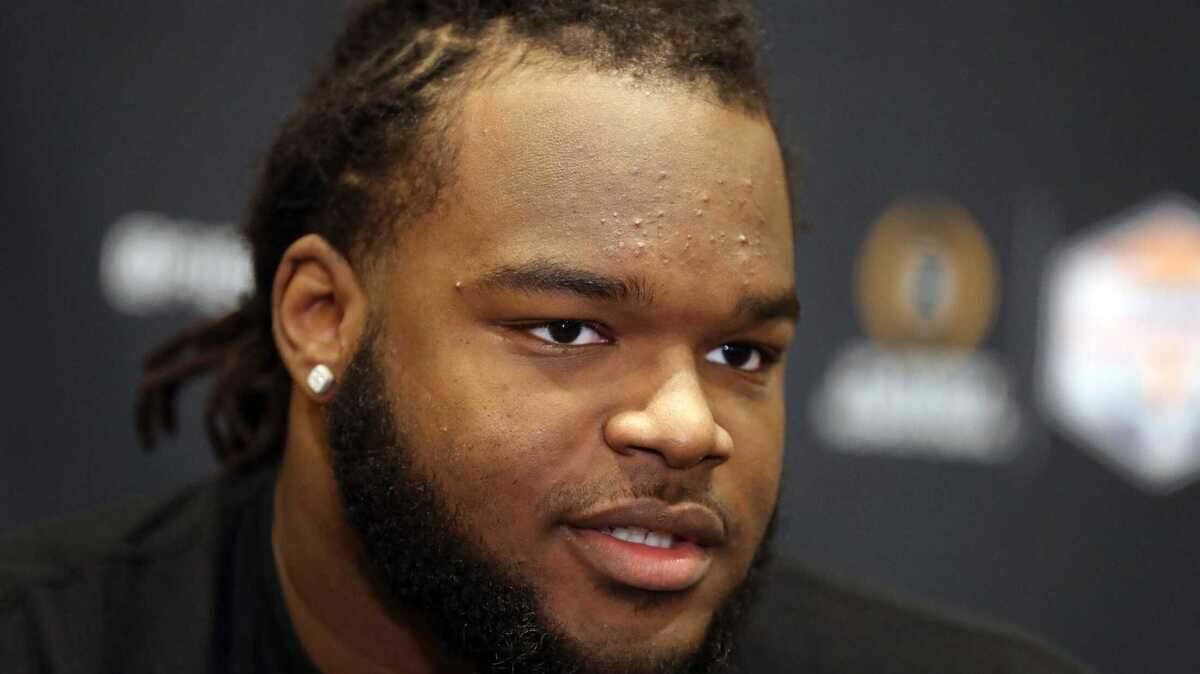 Michigan defensive lineman Mazi Smith talks with reporters about the Fiesta Bowl against TCU on Wednesday, Dec. 28, 2022, in Scottsdale, Arizona. Smith was selected by the Dallas Cowboys in the first round of the 2023 NFL draft.