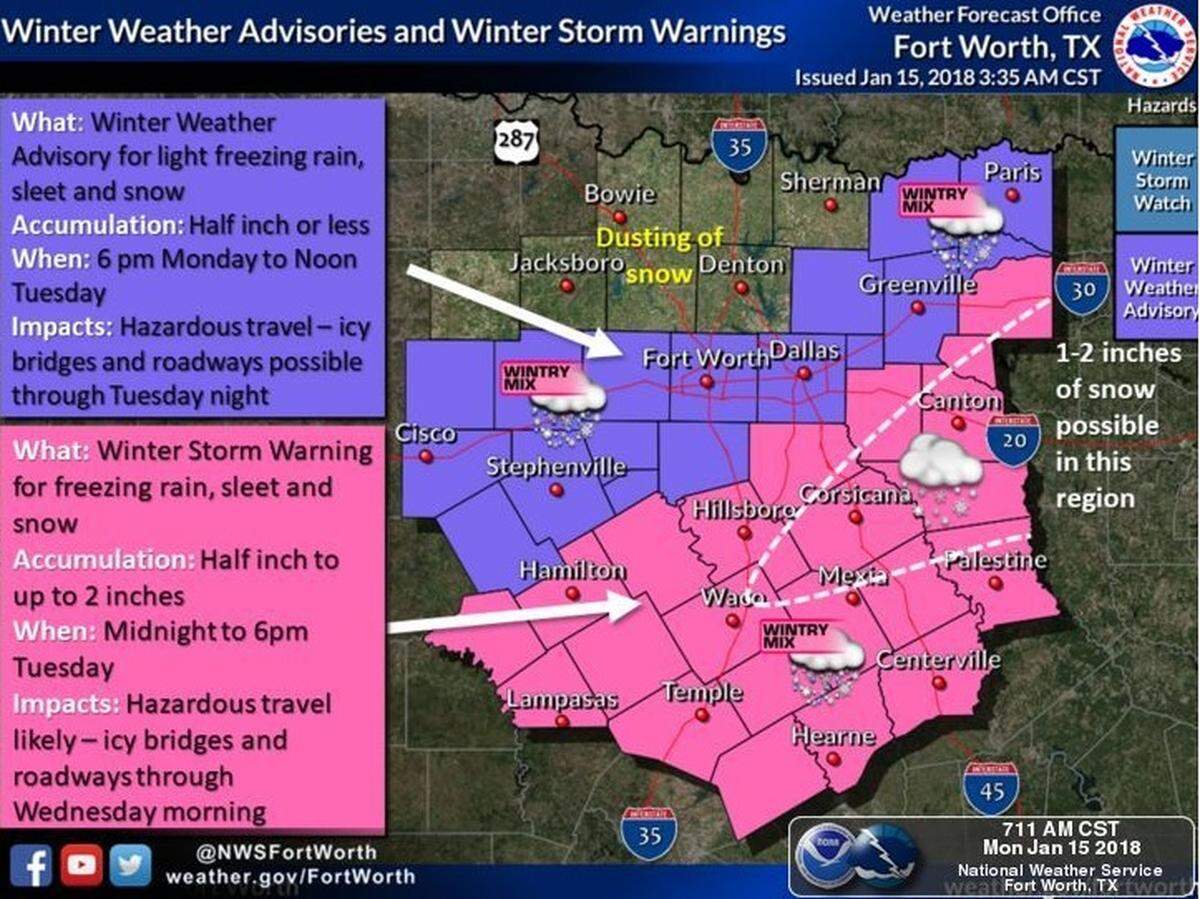 Sleet and snow should start falling late Monday and early Tuesday causing hazardous driving conditions for North Texas.