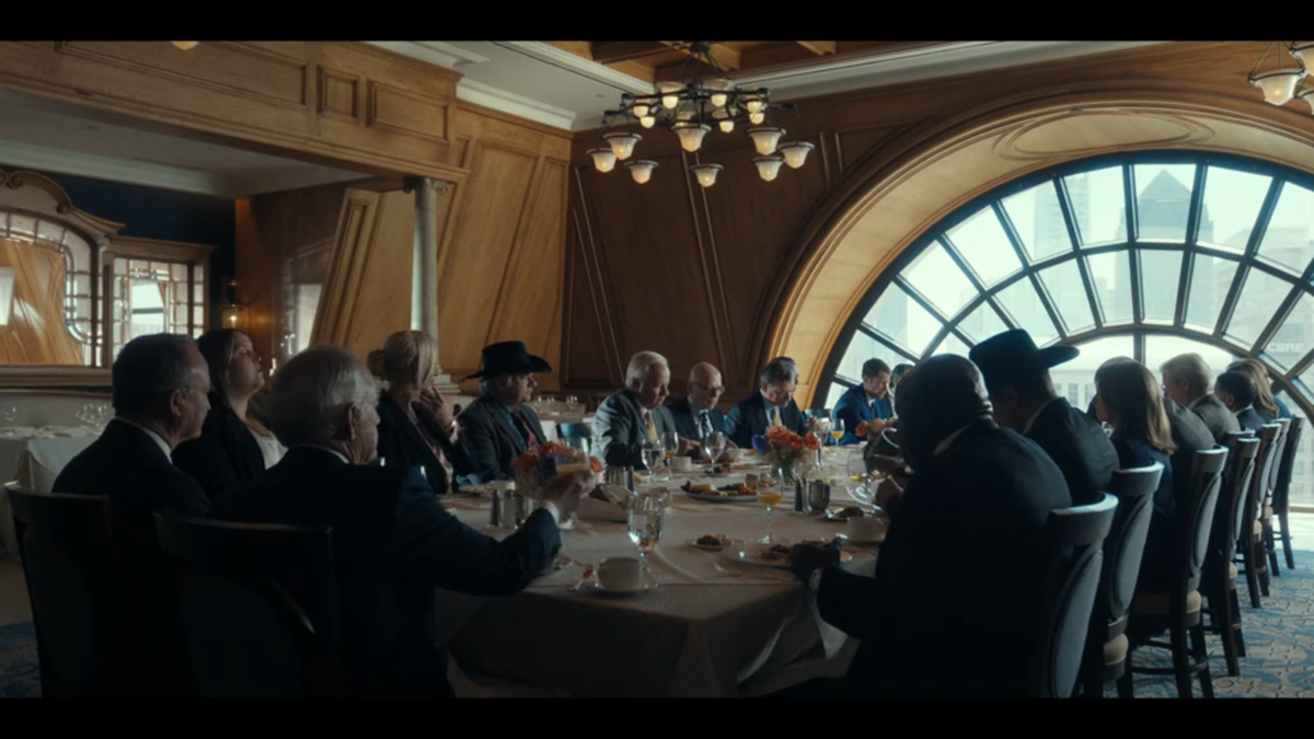 Monty Miller (Jon Hamm) attends a breakfast with other oil tycoons in “Landman” episode five.