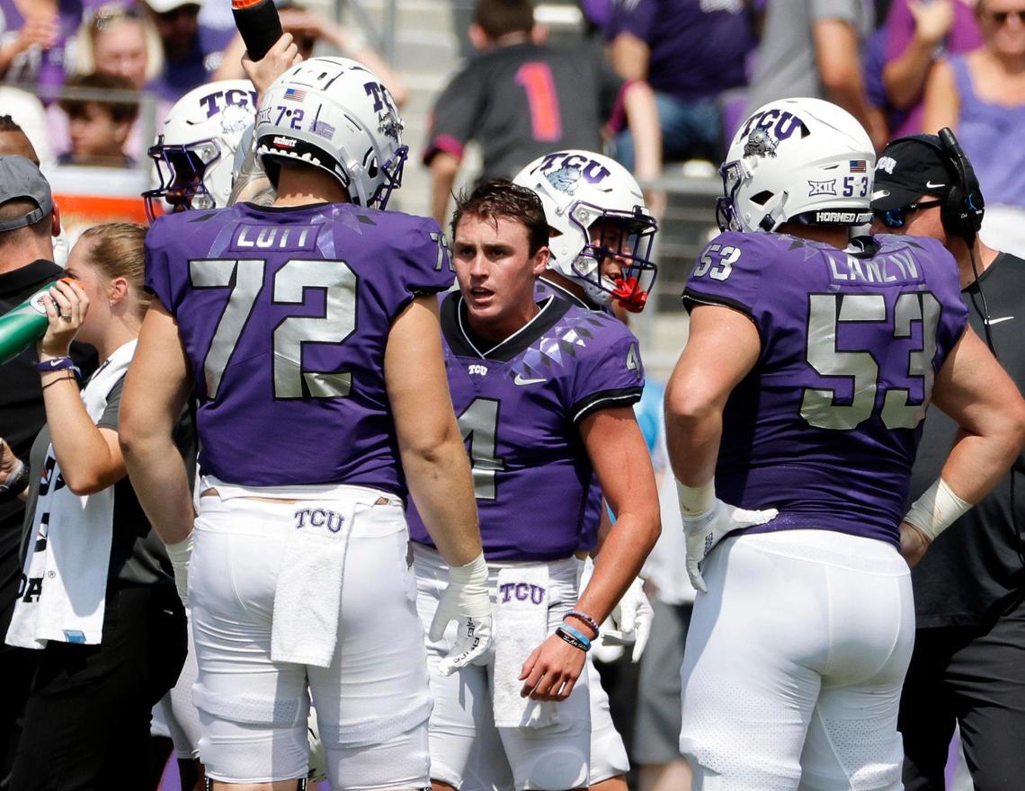 TCU quarterback Chandler Morris (4) talks to the line during a timeout in the first half of a NCAA football game at Amon G. Carter Stadium in Fort Worth,Texas, Saturday Sept. 02, 2023. Colorado led 17-14 at the half. (Special to the Star-Telegram Bob Booth)
