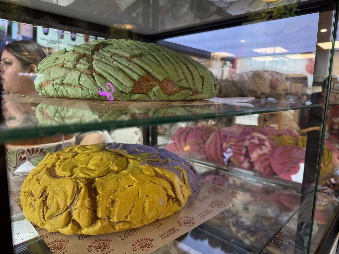 The 14-inch conchas get their own display case at Con Azucar Cafe, a Cal-Mex coffee shop and bakery that opened in Fort Worth, Texas, as seen Jan. 17, 2026.