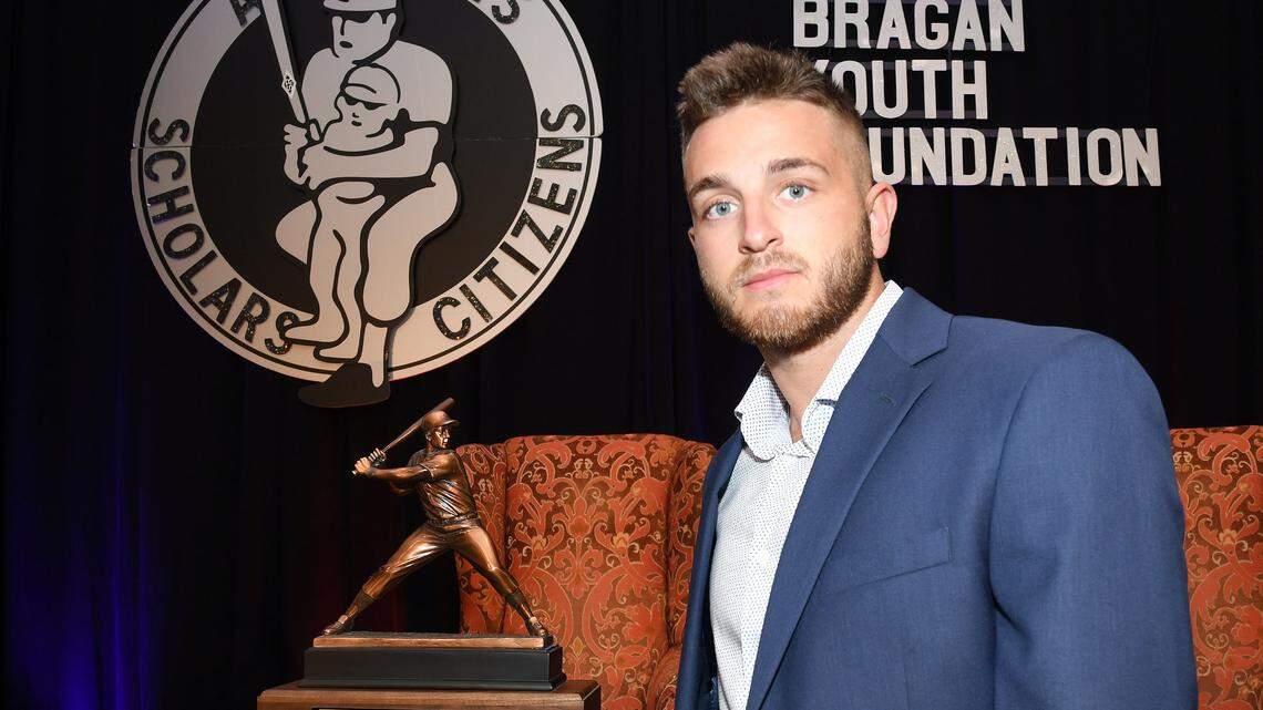 East Carolina University’s Connor Norby receives the 2021 Bobby Bragan Collegiate Slugger Award during the foundation’s gala at the Fort Worth Club on Thursday night.