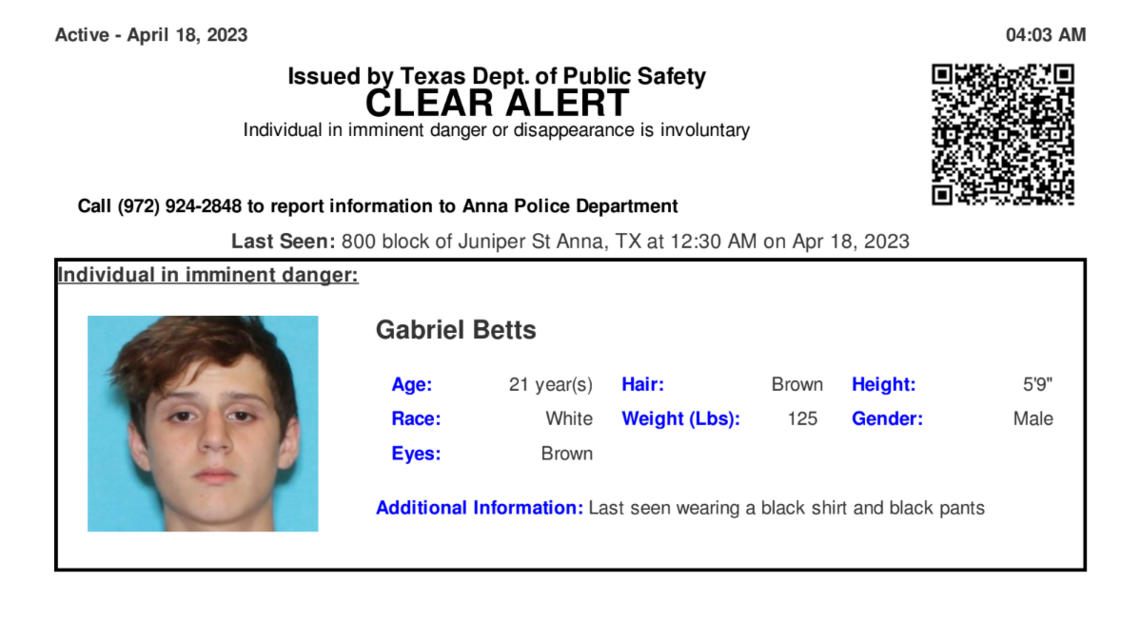 Alerta por joven desaparecido en Anna, Texas
