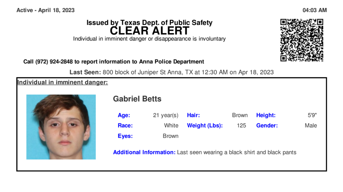 Gabriel Betts was last seen around 12:30 a.m. Tuesday. Authorities believe his disappearance poses a credible threat to his health and safety.