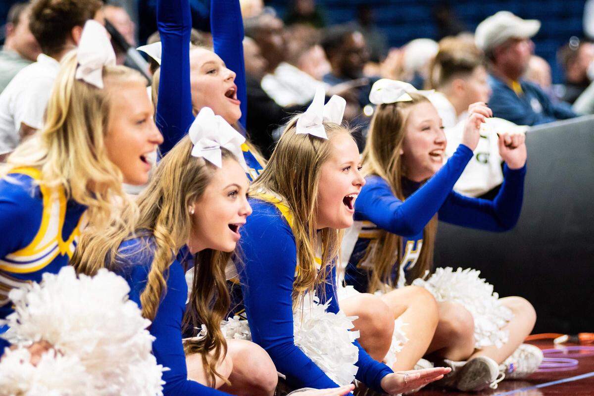 Brock cheerleaders celebrate the Eagles 58-49 win over East Chambers in the 3A state semifinals at the Alamodome, Thursday, March 7, 2019.