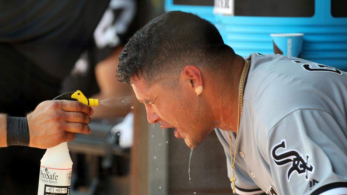 Newsflash: It was hot Sunday at Globe Life Park. White Sox right fielder Avisail Garcia needed to cool down after one of his trips around the bases.