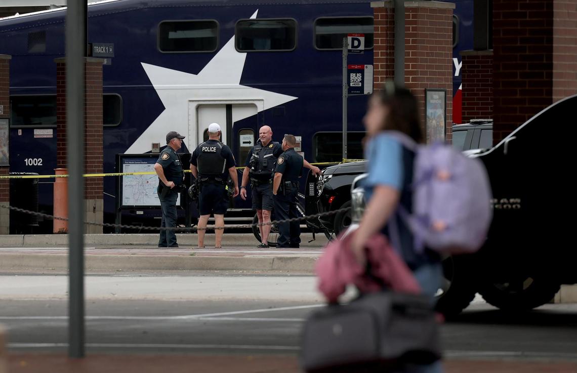 The Fort Worth Police Department investigates a shooting that wounded a man on a TRE train at the Fort Worth Central Station downtown on Friday, July 3, 2025.