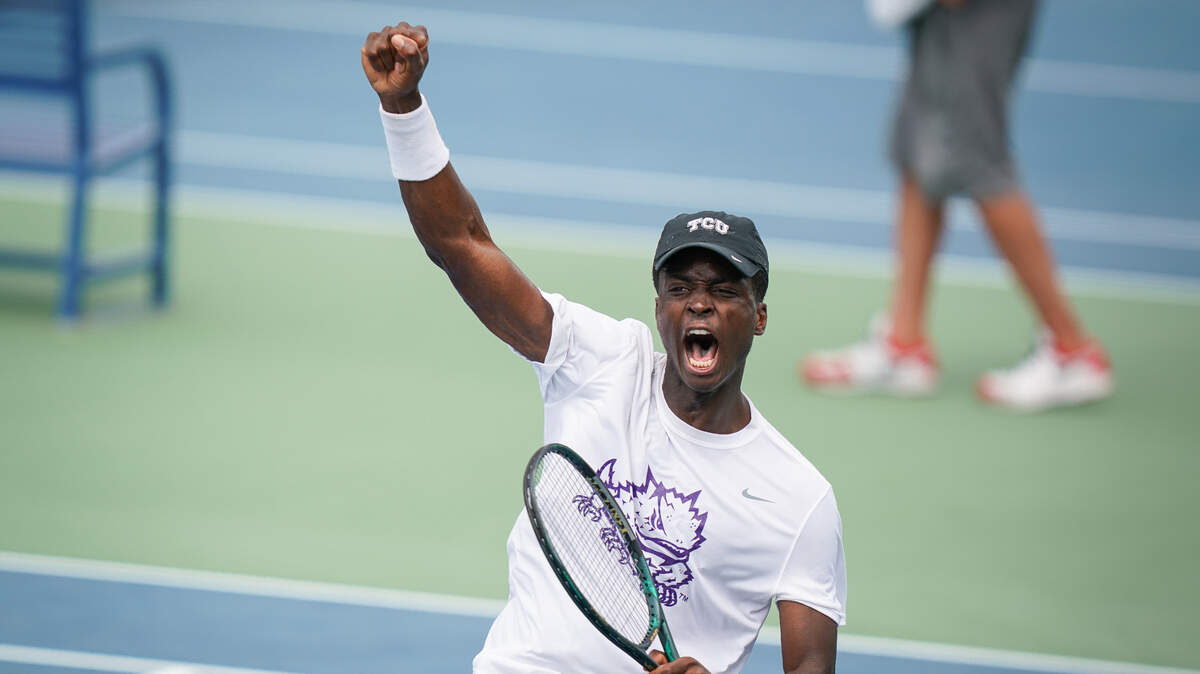 Luc Fomba of TCU celebrates during his singles match against Ohio State at the 2021 NCAA D1 Tennis Championships on Monday, May 17, 2021 at the USTA National Campus in Orlando, Florida.