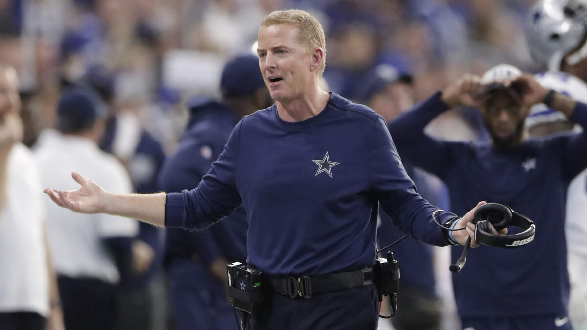 Dallas Cowboys head coach Jason Garrett questions a call during the second half of an NFL football game against the Indianapolis Colts, Sunday, Dec. 16, 2018, in Indianapolis. (AP Photo/Michael Conroy)