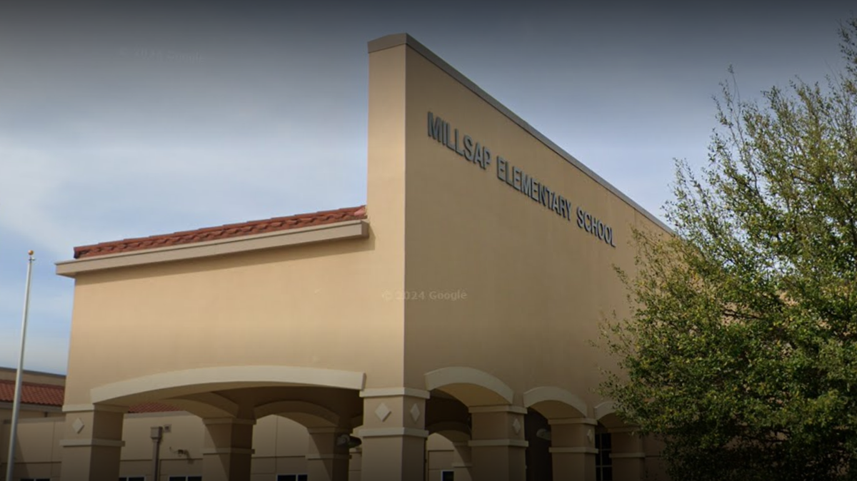 A Google Street View screenshot shows the outside of Millsap Elementary School in Millsap, Texas.