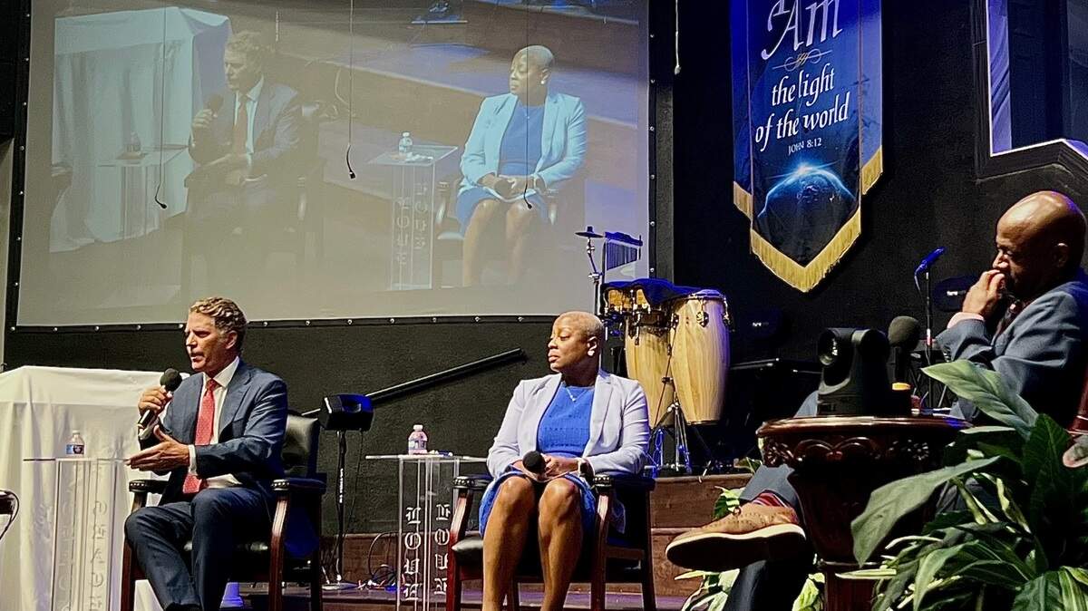 Bo French, chair of the Tarrant County GOP, speaks at a political forum with Crystal Gayden, chair of the county Democratic Party, hosted by the Arlington branch of the NAACP at Greater Community Missionary Baptist Church in Arlington on Tuesday.