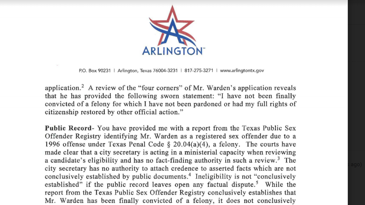 A response to a Feb. 22 complaint states that Arlington mayoral candidate Jerry Warden cannot be disqualified based off his appearance in the state sex offender registry alone.