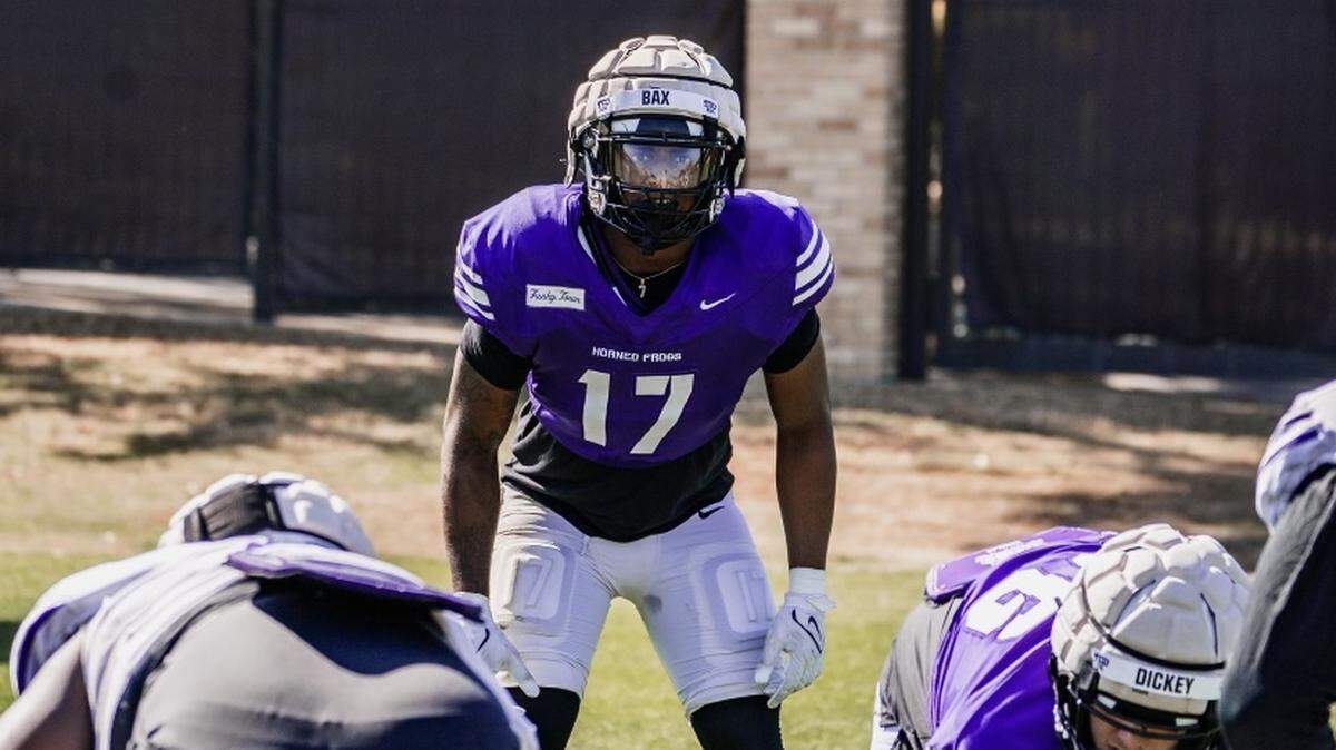 TCU freshman linebacker Jonathan Bax readies for the play during spring football camp.
