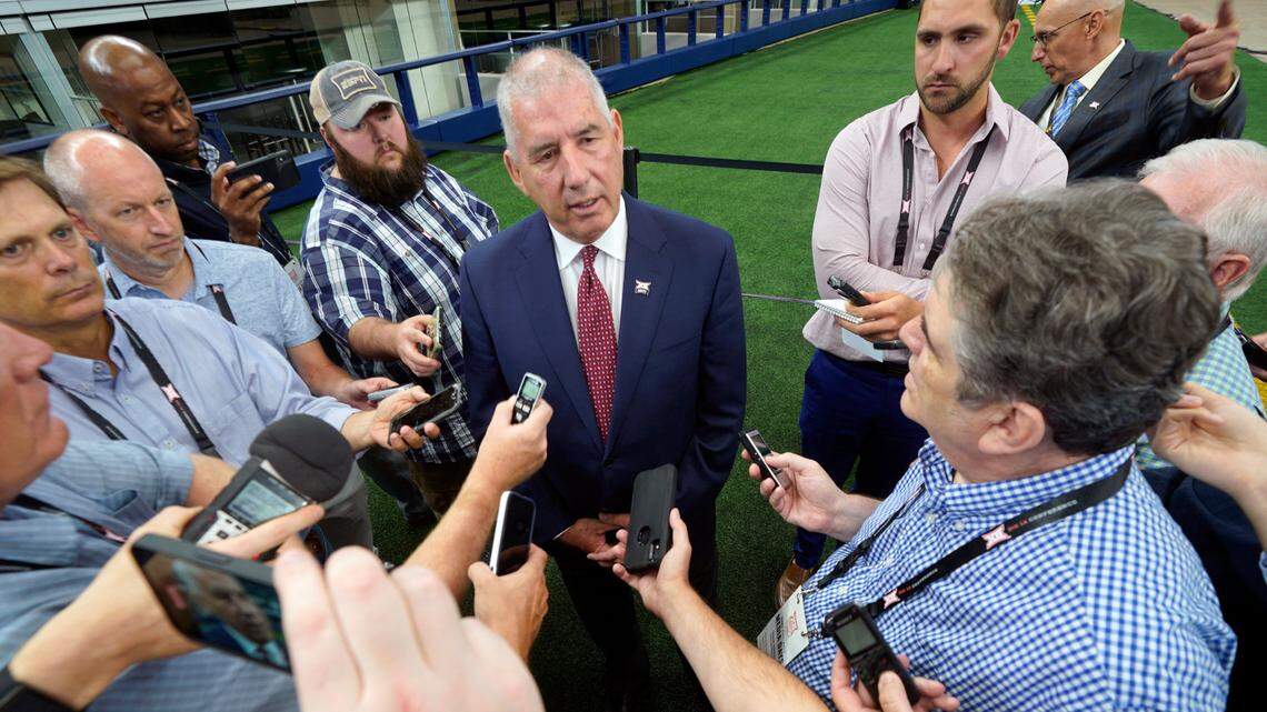 In this file photo, Big 12 commissioner Bob Bowlsby speaks to reporters on July 14 in Arlington. On Wednesday, Bowlsby said he remains confident in the future of the conference despite flagship members Texas and Oklahoma eventually departing for the SEC.