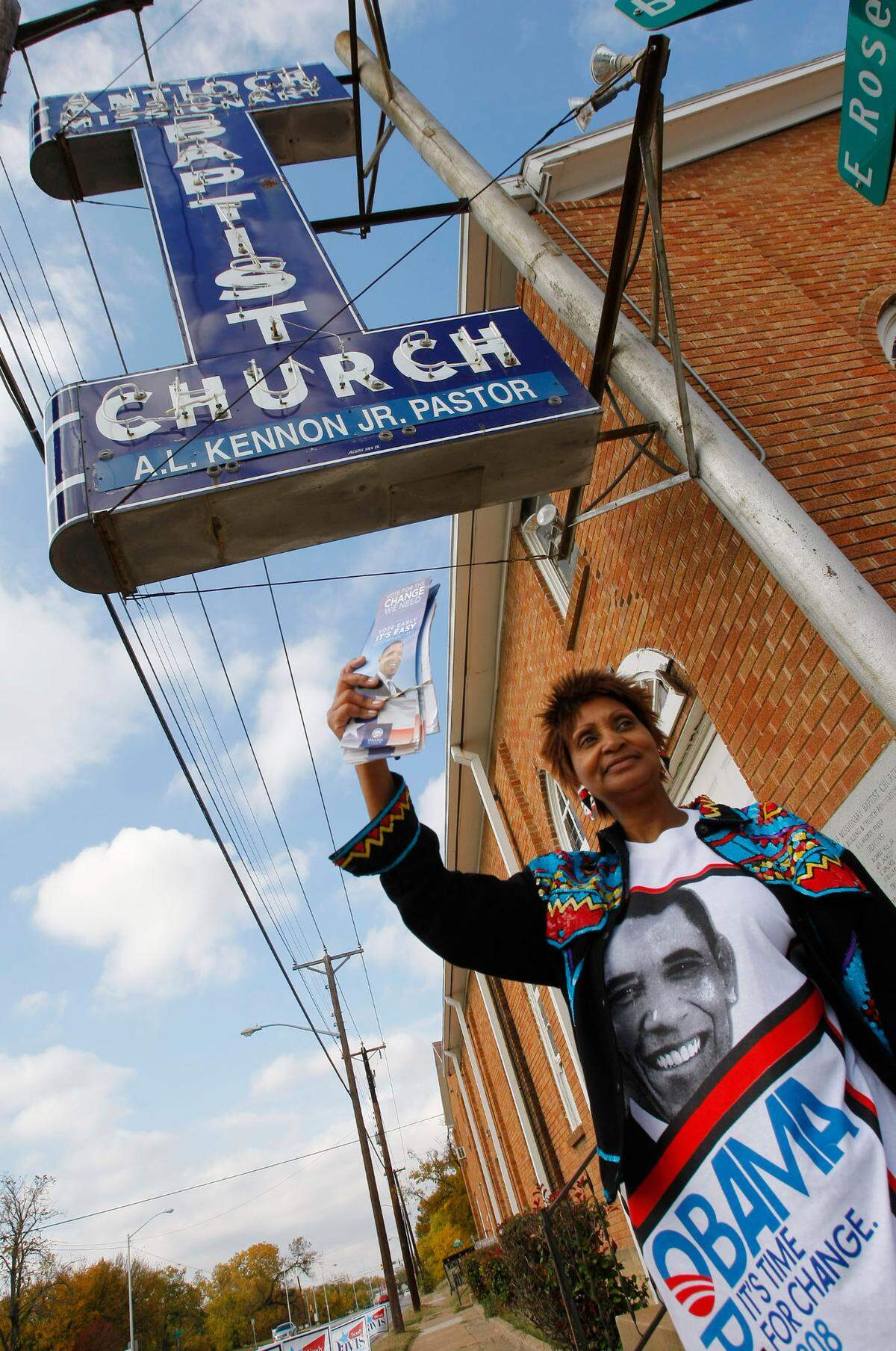 Nov. 4, 2008: Volunteer Lucy Green campaigns for Barack Obama at the corner of Rosedale and Bransford outside a polling location at the Antioch Missionary Baptist Church as voters cast their ballots in the general election.
