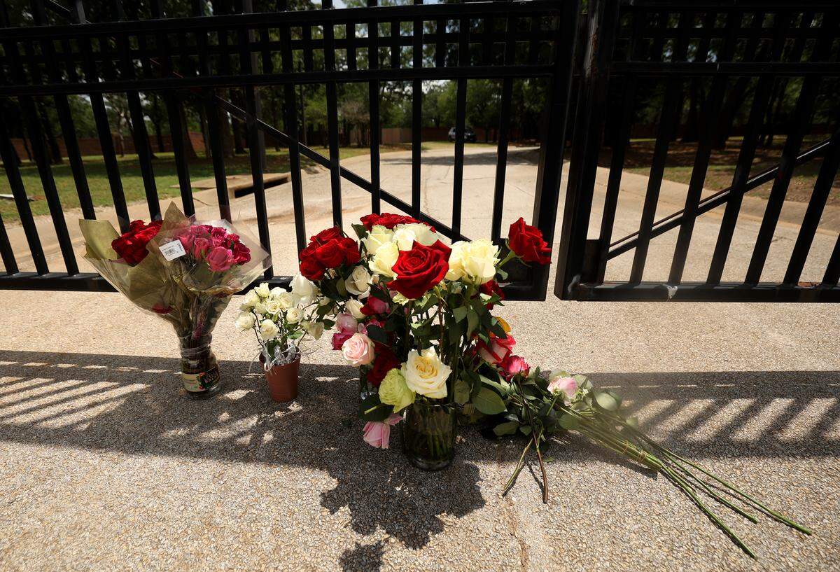Numerous bundles of roses, red and white, sit on a concrete driveway that leads to a black iron gate.