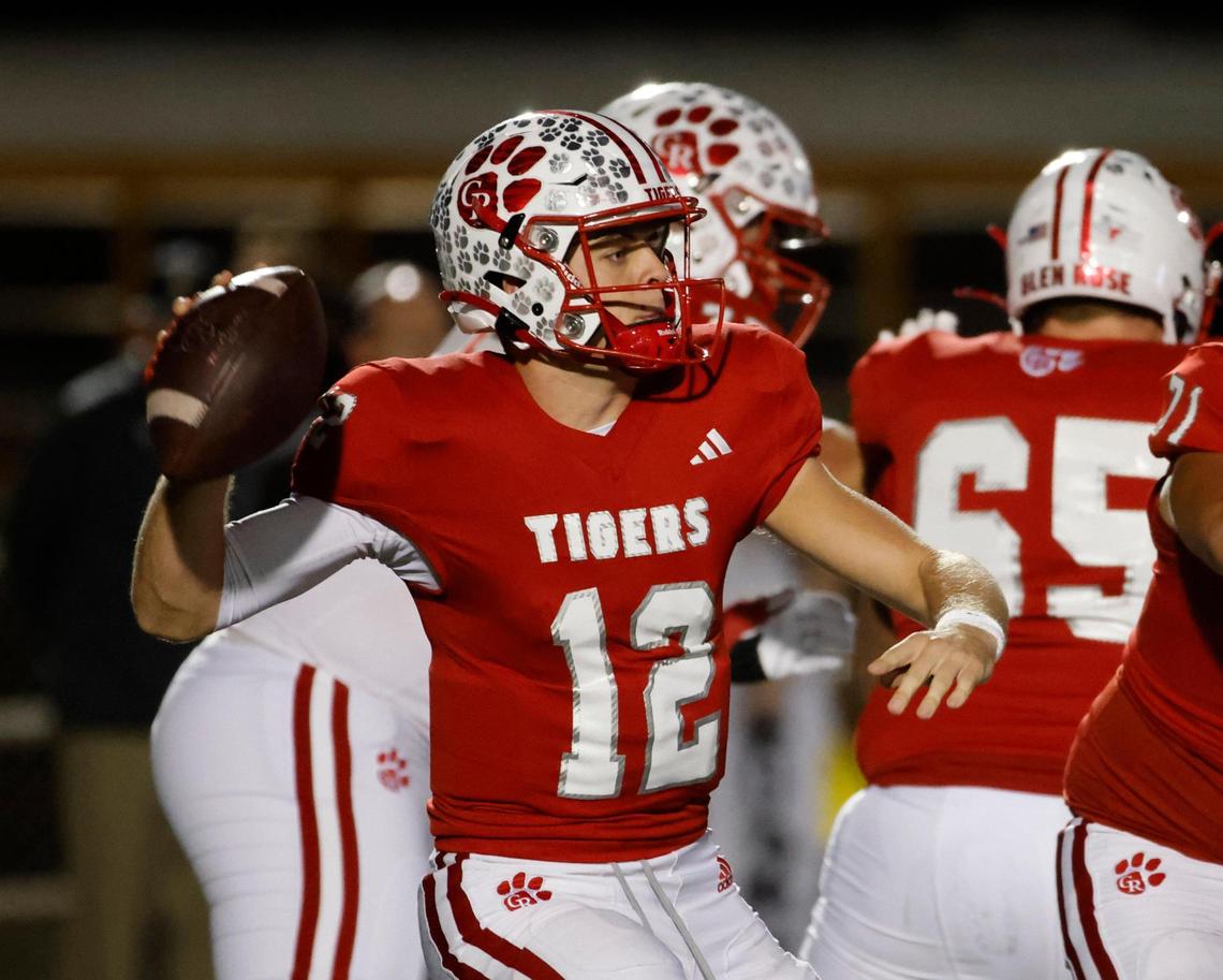 Glen Rose quarterback Canyon Evans tosses a completion downfield during a UIL 4A D2 Region 1 Bi-district football playoff game at Kangaroo Stadium in Weatherford, Texas, Friday, Nov. 15, 2024.