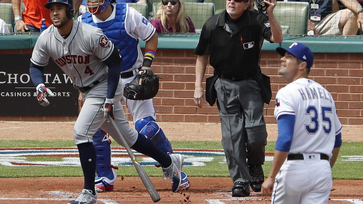 George Springer left off Thursday's Opening Day game with a home run against Rangers' pitcher Cole Hamels at Globe Life Park. Springer is the first player ever to lead off Opening Day with a homer in consecutive games.