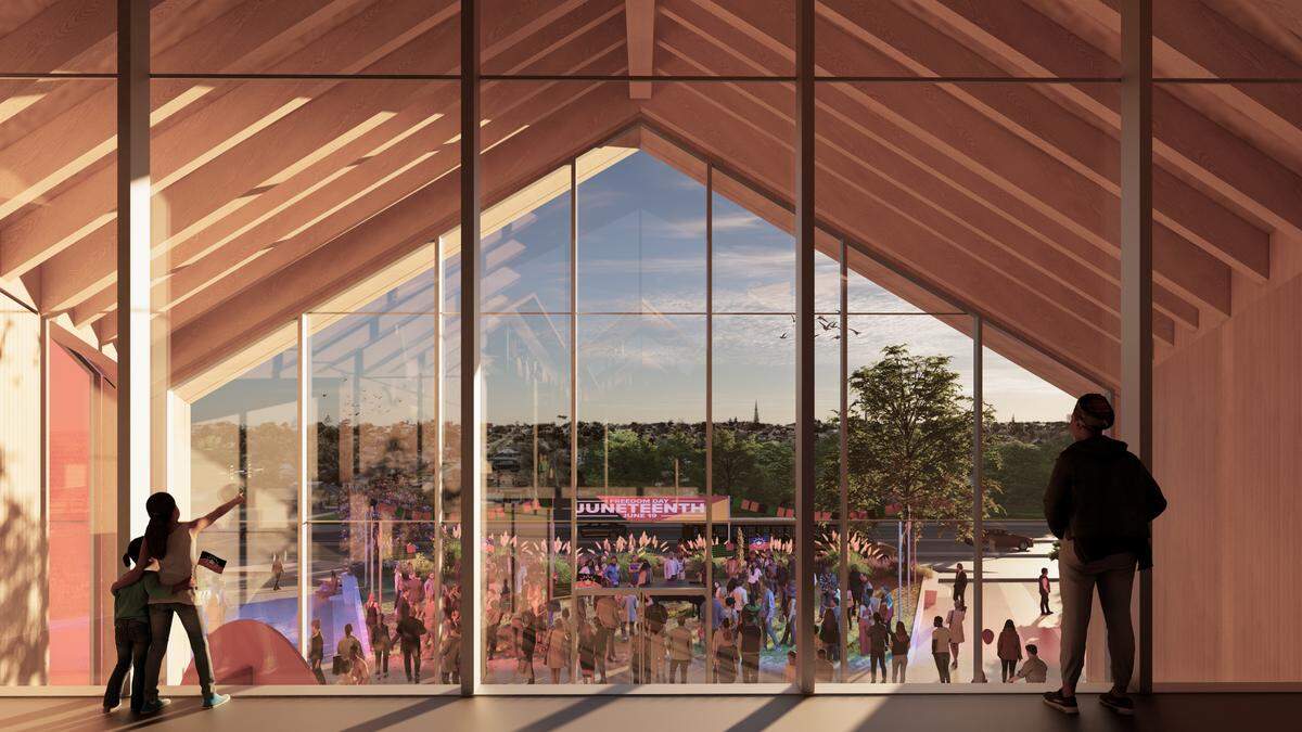 A rendering of the inside of entry hall for the The National Juneteenth Museum revealed Thursday night at Opal Lee’s 98 birthday celebration.