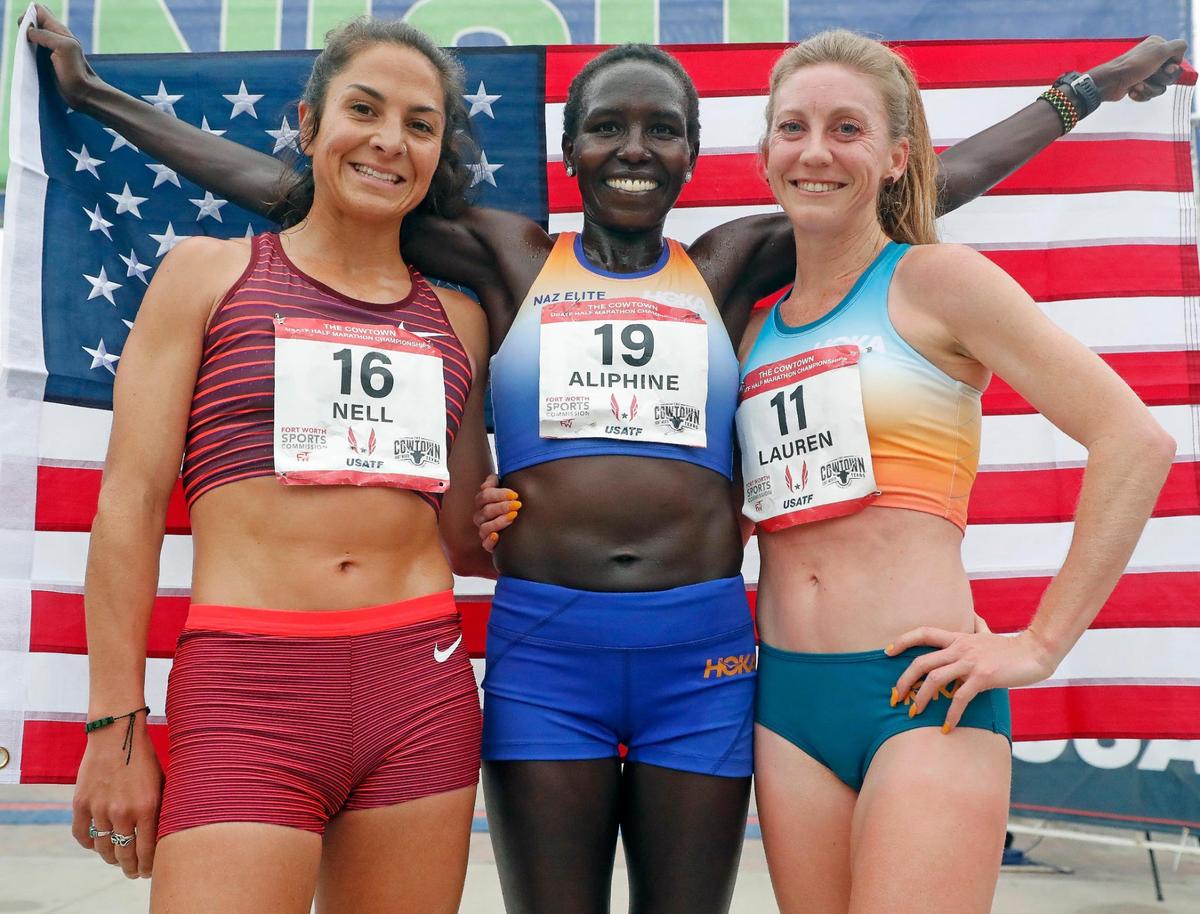Nell Rojas, Aliphine Tuliamuk and Lauren Paquette finished third, first and second for the USA Track and Field half marathon championship during the 2023 Cowtown Marathon in Fort Worth, Texas, Sunday, Feb. 26, 2023. Almost 21,000 runners registered for the two day event. (Special to the Star-Telegram Bob Booth)