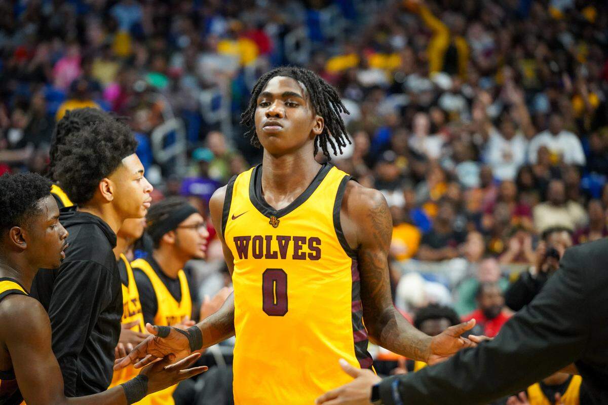 Beaumont United’s Clarence Payia takes the floor against Round Rock Stony Point in a Class 6A state semifinal on Friday, March 8, 2024 at the Alamodome in San Antonio, Texas. Payia led United with a game-high 27 points, but Stony Point downed United 54-46.