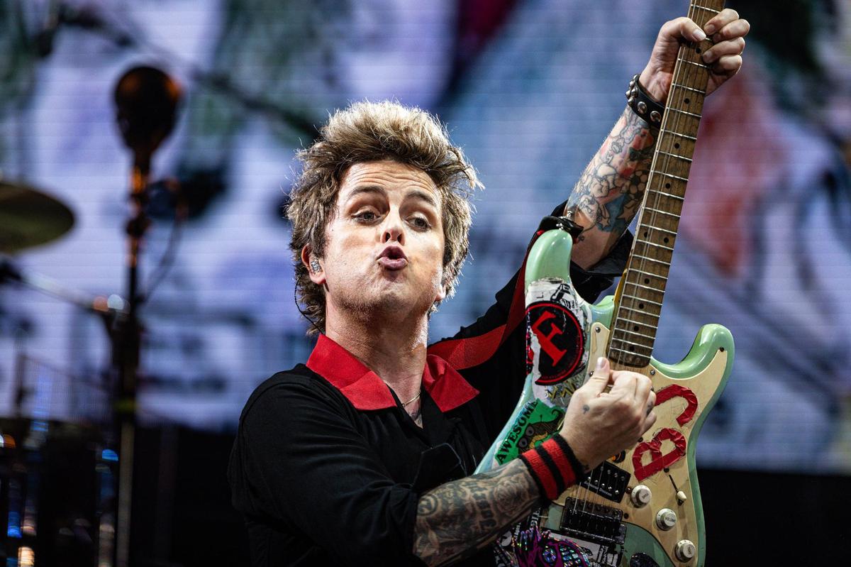 Green Day lead singer Billie Joe Armstrong performs with his band members on stage for “The Saviors Tour” at Globe Life Field in Arlington on Wednesday, Sept. 11, 2024.