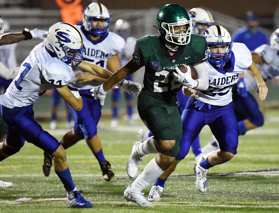 Kennedale’s JD Coffey, center takes punt return past Sunnyvale’s Gage Andrews, lef and Hudson Smith in the fourth quarter of their football game Friday, September 11, 2020 in Kennedale, Texas. Kennedale won 28-27. Special/Bob Haynes