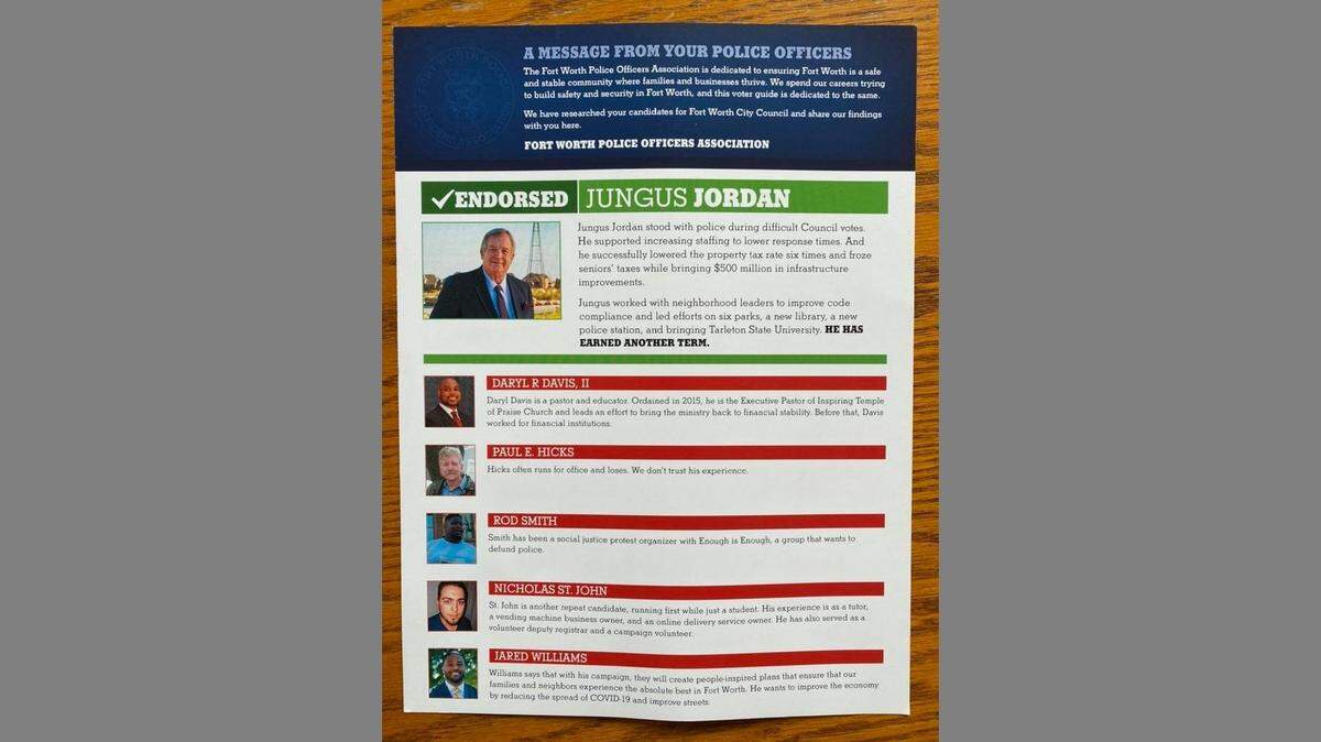 A mailer from the Fort Worth Police Officers Association lists candidates who ran in 2019 and 2017.