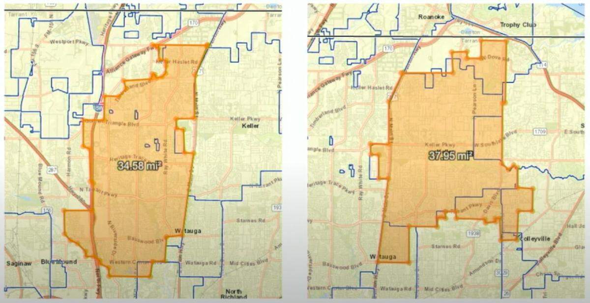 A report from education consultants shows the boundaries of a proposed split of the Keller school district. Keller is on the right and the new district is on the left.