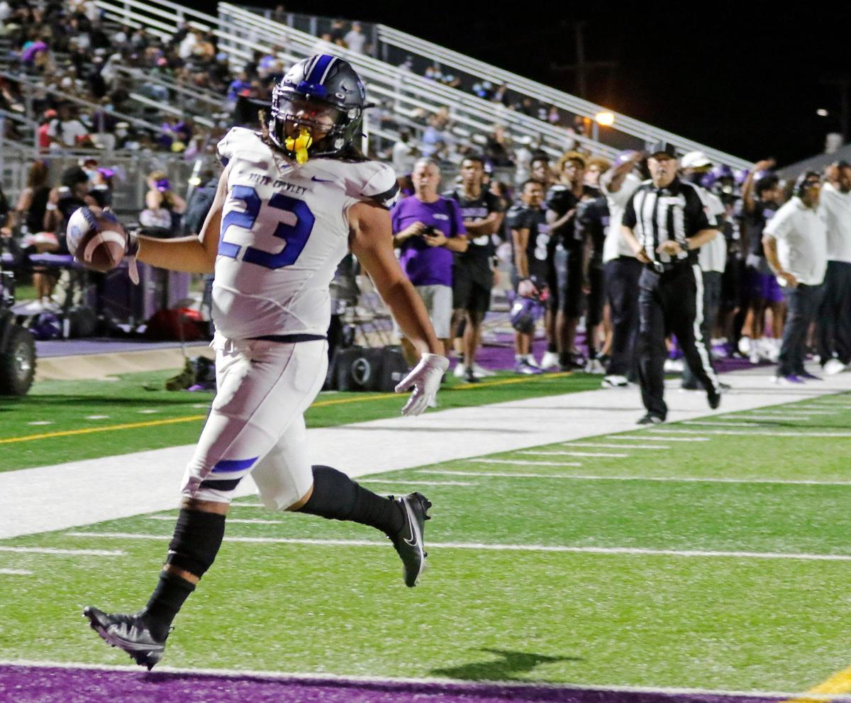 North Crowley halfback Madarrius Brooks (23) struts into the end zone untouched for the final score of a high school football game at Eagle Stadium in Crowley, Texas, Friday, Aug 27, 2021. North Crowley defeated Crowley 33-7. (Special to the Star-Telegram Bob Booth)