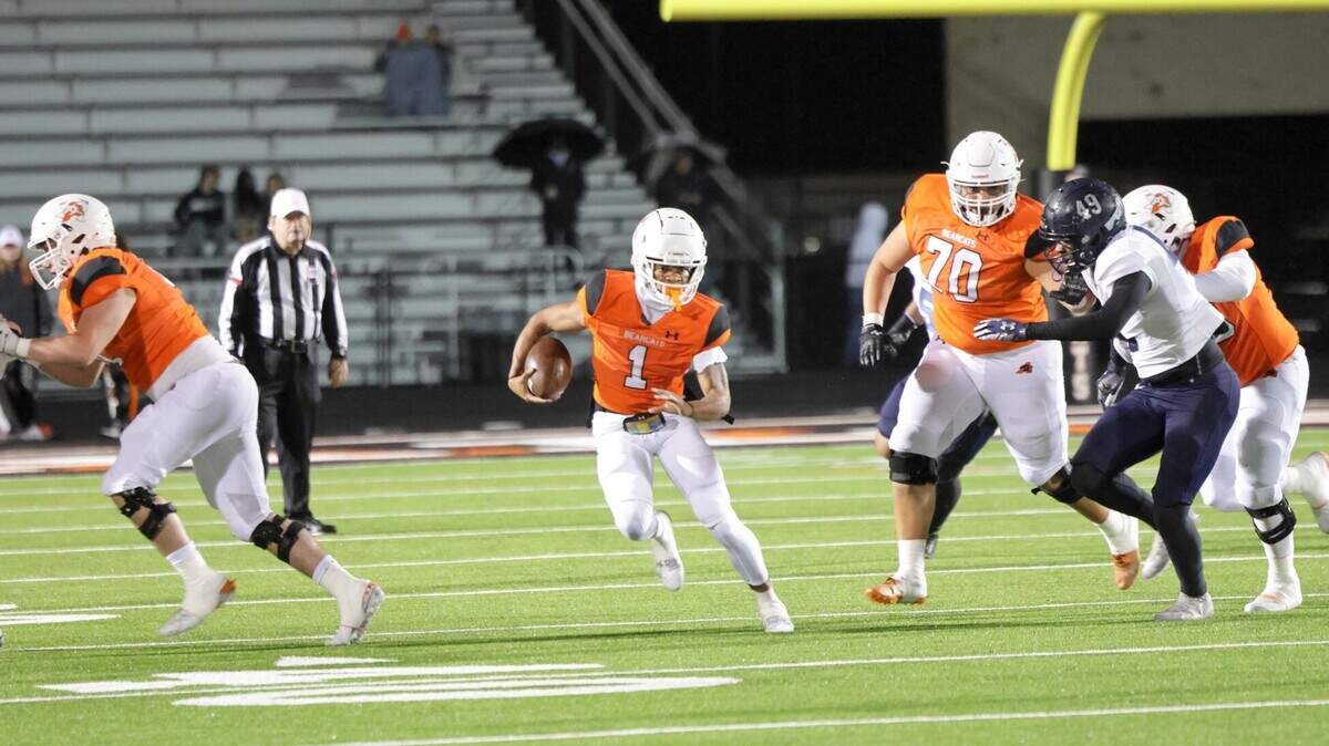 Aledo running back Hawk Patrick-Daniels runs for yardage against Killeen Shoemaker in a Class 5A Division 1 bi-district game on Thursday, November 9, 2023 at Buchanan Stadium in Aledo, Texas. Patrick-Daniels finished with 145 yards on 23 carries.
