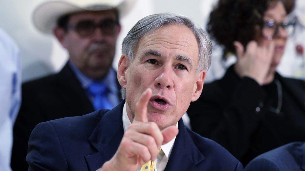 FILE - In this March 16, 2020, file photo, Texas Gov. Greg Abbott speaks during a news conference in San Antonio. Gov. Abbott, in defending Texas’ near-ban on abortions, says women and girls who are raped won’t be forced to give birth because the new law “provides at least six weeks for a person to be able to get an abortion.” But that’s not how pregnancy works. (AP Photo/Eric Gay, File)