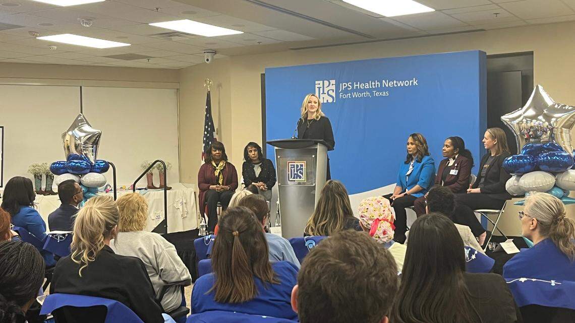 Mayor Mattie Parker speaks to nurses, physicians, and board members at JPS on Monday afternoon to speak about the launch of TeamBirth, a new communicative tool to to provide equitable care and to center women in the birthing process.