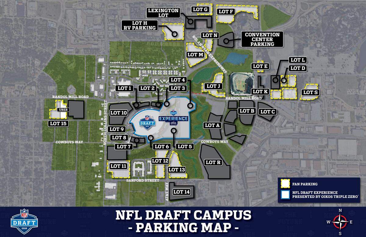 NFL Draft Experience fans may park for free in the lots highlighted in yellow on this map.