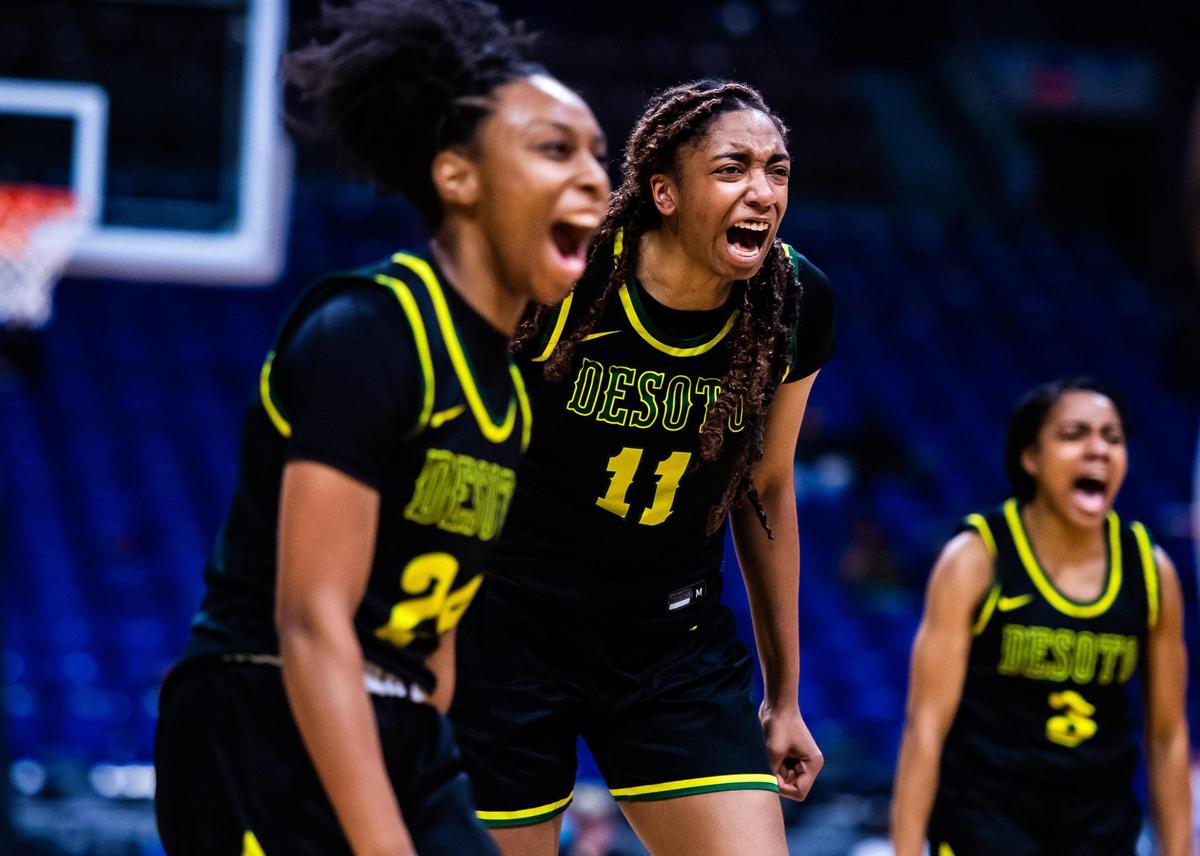 Tina Herron (11) celebrates an “ and one” foul during the 6A state final between DeSoto and Cypress Creek at the Alamodome in San Antonio Texas, on March 11, 2021. DeSoto went on to win 53-37. (Photo by Matt Smith. Special to the Star-Telegram).