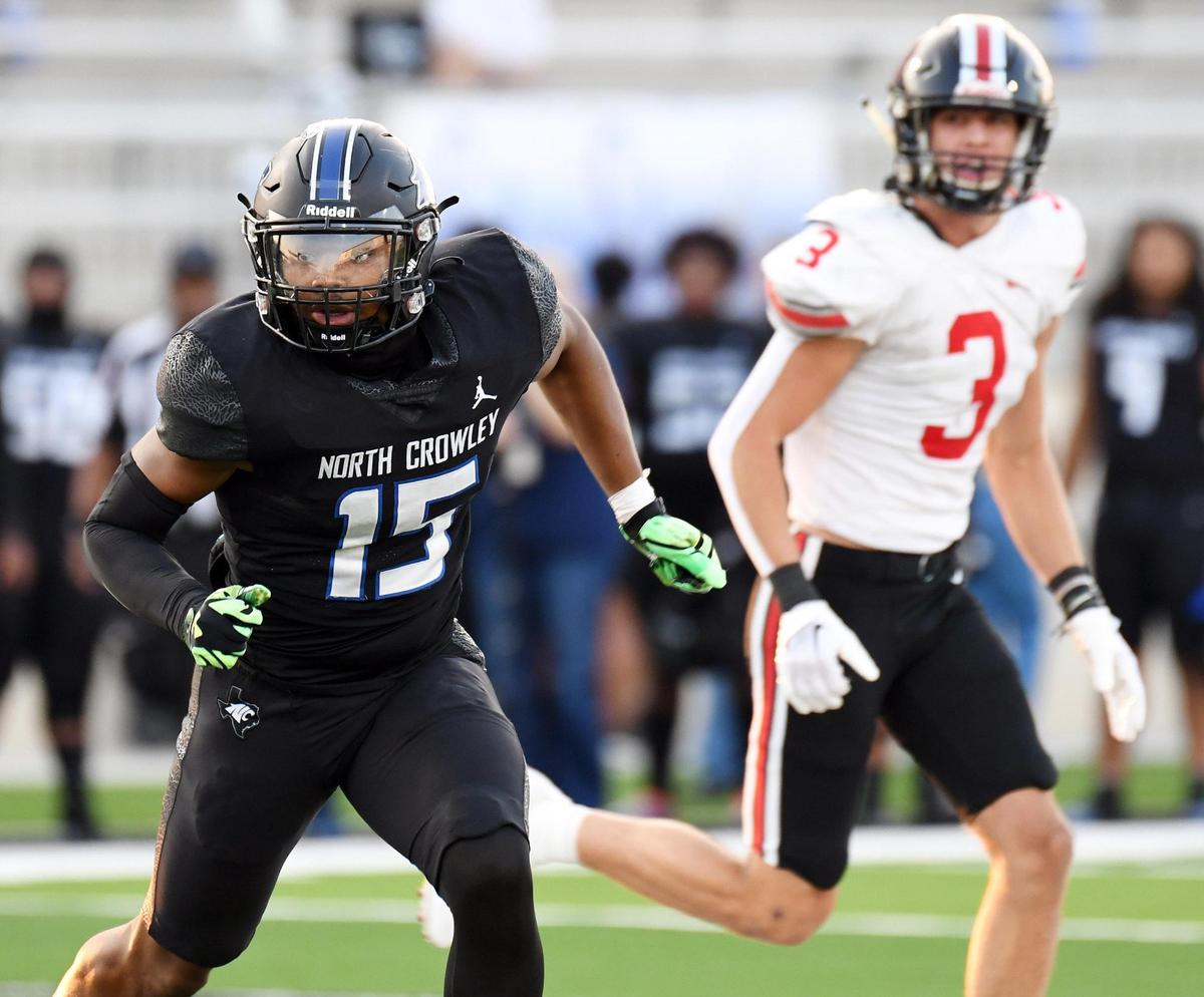 North Crowley’s S’Maje Burrell, left covers Lovejoy receiver Parker Livingstone in the first quarter of Thursday’s September 8, 2022 football game at Crowley ISD Stadium in Fort Worth, Texas. Special/Bob Haynes