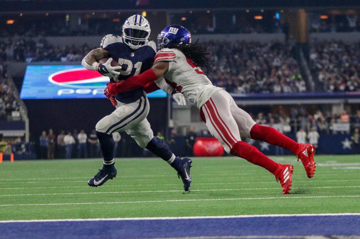 Dallas Cowboys running back Ezekiel Elliott runs the ball just short of the end zone during their game against the Giants at the AT&T Stadium in Arlington on Thursday, Nov. 24, 2022. The Cowboys defeated the Giants 28-20 on Thanksgiving.