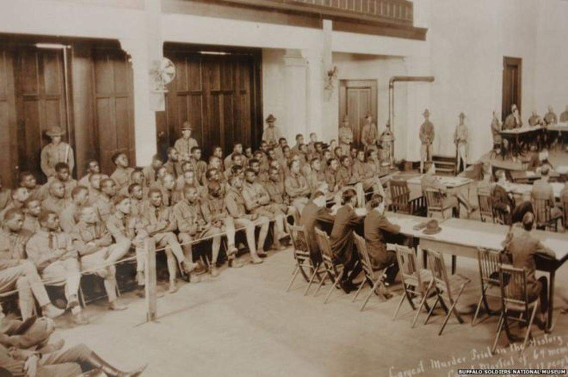 A photograph of the courtroom where 63 Buffalo Soldiers from the predominantly black 24th Infantry Regiment were trial for mutiny, murder, aggravated assault in connection with the deaths of killing of 15 whites during a riot in Houston in August 1917.