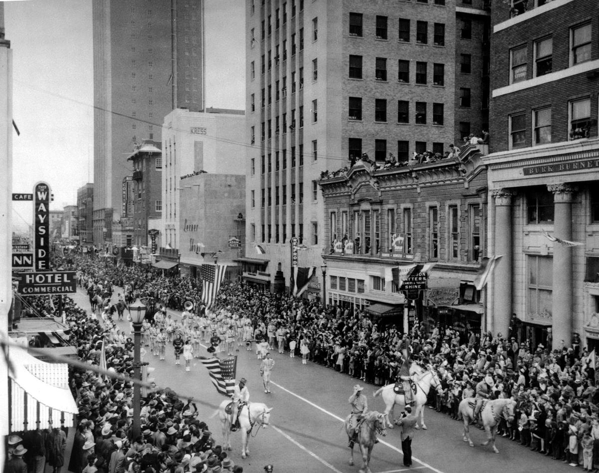 1950: The traditional all-Western, non-motorized Stock Show Parade through downtown Fort Worth featured many colorful entries and of course, dozens of horses.