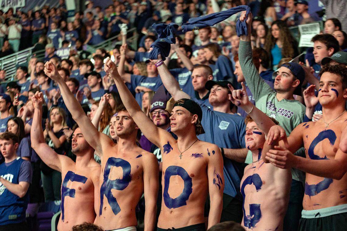Horned Frog fans cheer as their team enters the arena during their game against Texas at Schollmaier Arena in Fort Worth on Wednesday, March 1, 2023. TCU beat Texas 75-73.