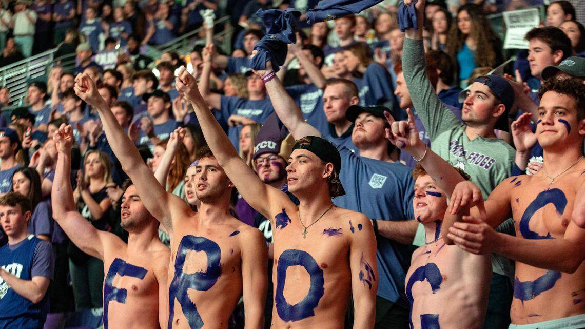 Horned Frog fans cheer as their team enters the arena during their game against Texas at Schollmaier Arena in Fort Worth earlier this month.