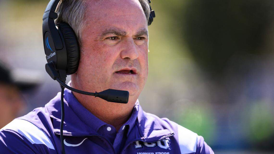 TCU head coach Sonny Dykes watches during the second half of an NCAA college football game against Kansas Saturday, Oct. 8, 2022, in Lawrence, Kan