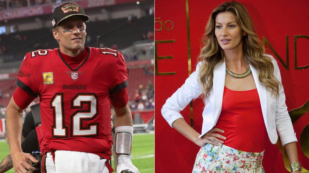 This combination photo shows Tampa Bay Buccaneers quarterback Tom Brady after an NFL football game against the New York Giants on Nov. 22, 2021, in Tampa, Fla., left, and Brazilian model Gisele Bundchen during an event promoting a collection with her name in Sao Paulo, Brazil, on Dec. 1, 2011. The couple have announced their divorce. (AP Photo/Mark LoMoglio, left, and Andre Penner)