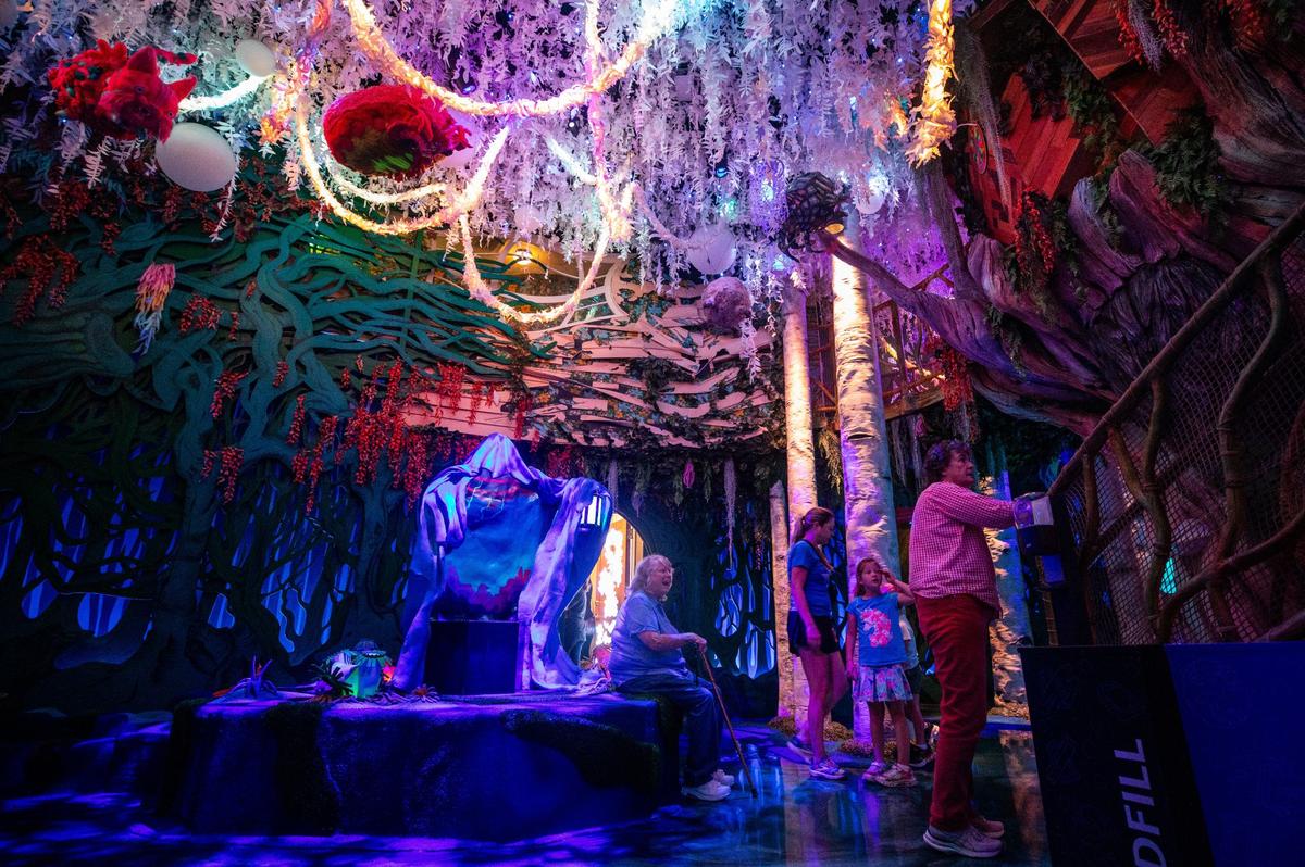 Guests view an exhibit at Meow Wolf in Grapevine on Wednesday, June 12, 2024. The attraction was made by artist Maria Guzman and features lights and sculptures.